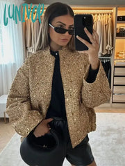 Lunivop Elegant Sequin Gold O Neck Jacket For Women Fashion Loose Long Sleeve Coat Autumn Winter