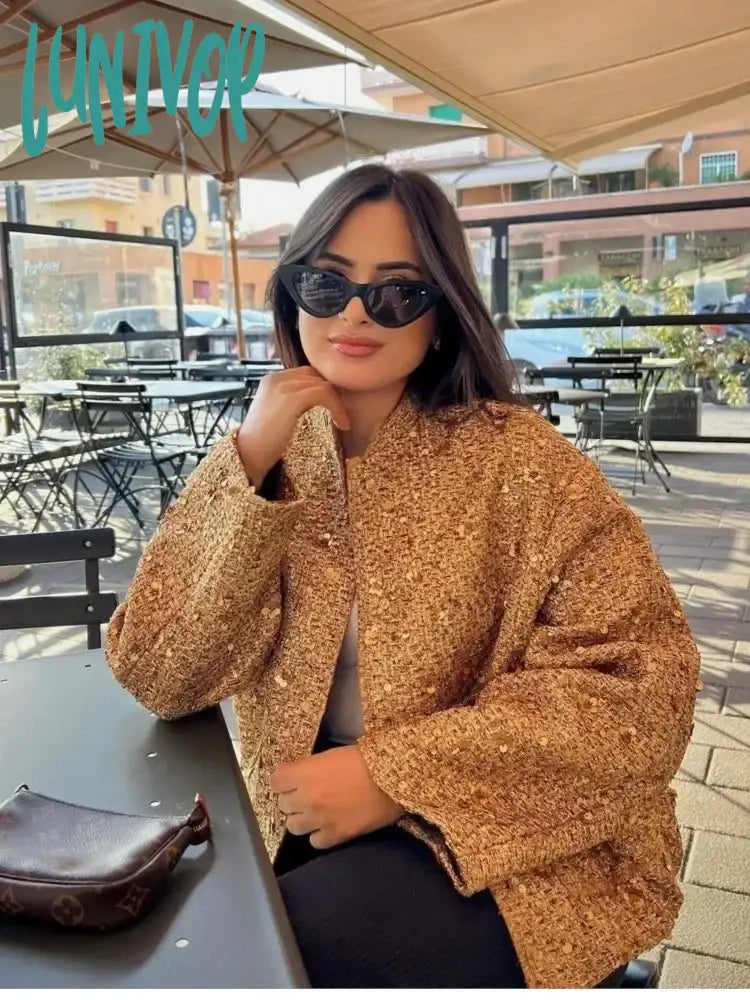 Lunivop Elegant Sequin Gold O Neck Jacket For Women Fashion Loose Long Sleeve Coat Autumn Winter