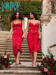 Lunivop Elegant Sexy Backless Midi Dress For Women Bandage Gown Party Club Ruched Bodycon Dresses