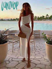 Lunivop Elegant Sexy Cut Out Drawstring Ruched Long Dress For Women Summer Holiday Outfits Club