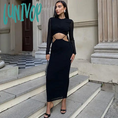 Lunivop Elegant Sexy Cut Out Two Piece Set Top And Skirt Outfits For Women Ruched Bandage Tie Up
