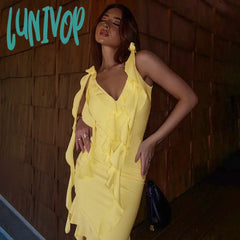Lunivop Elegant Sexy Plunge Slip Irregular Lace Ribbons Dress For Women Summer Holiday Maxi Slim