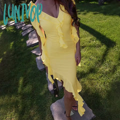 Lunivop Elegant Sexy Plunge Slip Irregular Lace Ribbons Dress For Women Summer Holiday Maxi Slim