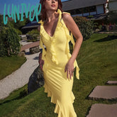 Lunivop Elegant Sexy Plunge Slip Irregular Lace Ribbons Dress For Women Summer Holiday Maxi Slim