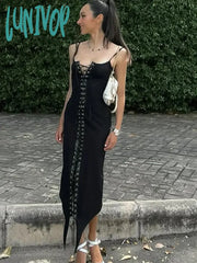 Lunivop Elegant Sexy Stitching Lace Up Eyelet Suspender Maxi Dress Women’s Slim Black Club Party