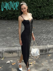 Lunivop Elegant Sexy Stitching Lace Up Eyelet Suspender Maxi Dress Women’s Slim Black Club Party
