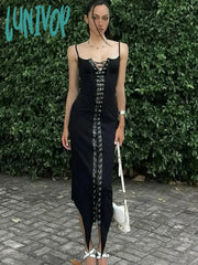 Lunivop Elegant Sexy Stitching Lace Up Eyelet Suspender Maxi Dress Women’s Slim Black Club Party