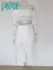 Lunivop Elegant Skirt Set Women Summer Fashion Sexy Off Shoulder Ruffles Top High Slit White Long +