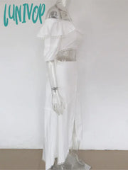 Lunivop Elegant Skirt Set Women Summer Fashion Sexy Off Shoulder Ruffles Top High Slit White Long +