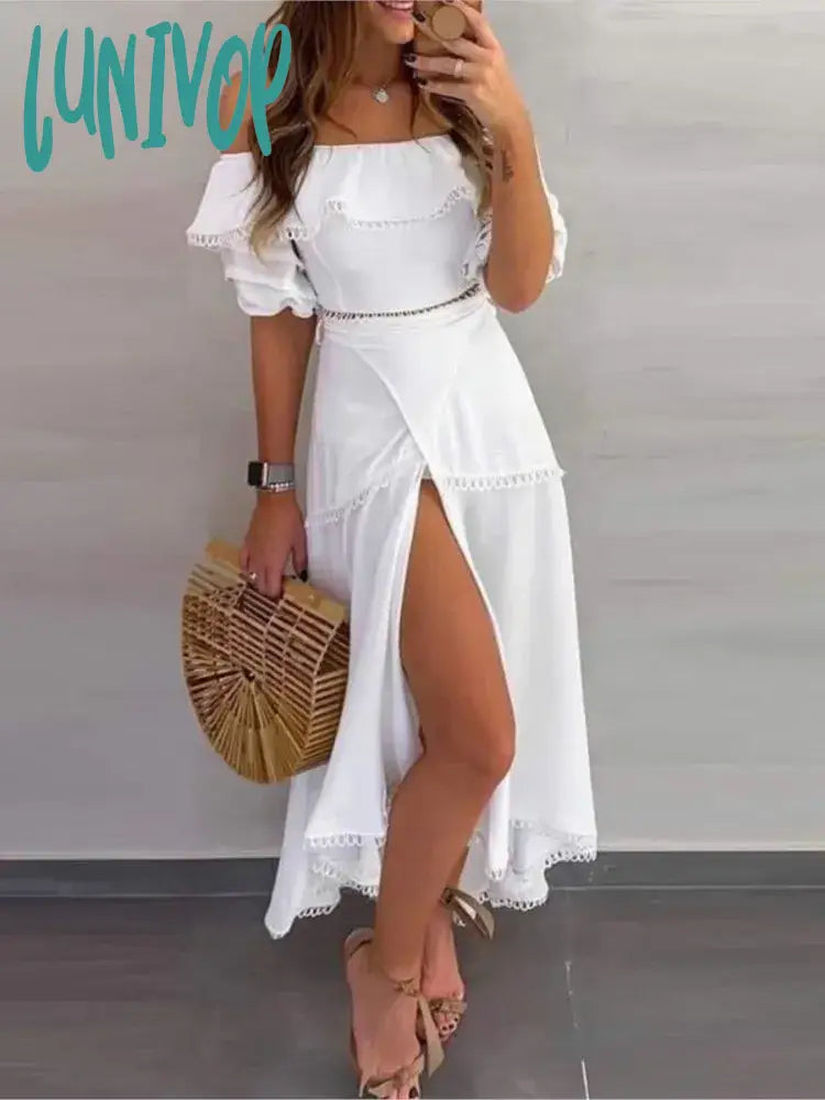 Lunivop Elegant Skirt Set Women Summer Fashion Sexy Off Shoulder Ruffles Top High Slit White Long +