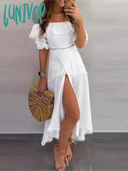 Lunivop Elegant Skirt Set Women Summer Fashion Sexy Off Shoulder Ruffles Top High Slit White Long +