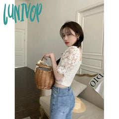 Lunivop Elegant Slash Neck Shirts Women Summer Lace Patchwork Crop Tops Sweet Korean Square Collar