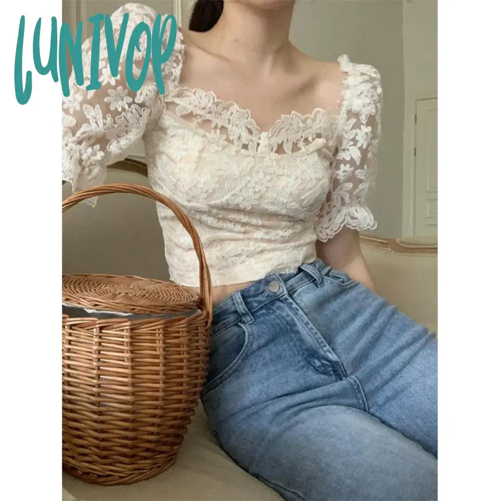 Lunivop Elegant Slash Neck Shirts Women Summer Lace Patchwork Crop Tops Sweet Korean Square Collar