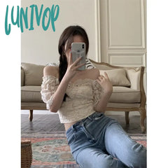 Lunivop Elegant Slash Neck Shirts Women Summer Lace Patchwork Crop Tops Sweet Korean Square Collar