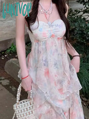 Lunivop Elegant Sleeveless Midi Dresses For Women Beach Style Chiffon Hanging Neck Strap Casual