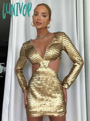 Lunivop Elegant Solid Summer Dresses For Women Sexy V-Neck One Piece Dress Long Sleeve Vestidos