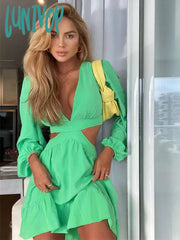 Lunivop Elegant Solid Summer Dresses For Women Sexy V-Neck One Piece Dress Long Sleeve Vestidos