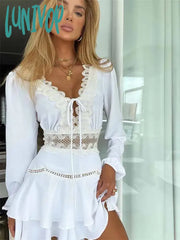 Lunivop Elegant Solid Summer Dresses For Women Sexy V-Neck One Piece Dress Long Sleeve Vestidos