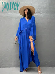 Lunivop Elegant Solid Tunic Loose Kaftan Maxi Dress For Women Summer Clothing Beachwear Half Sleeve