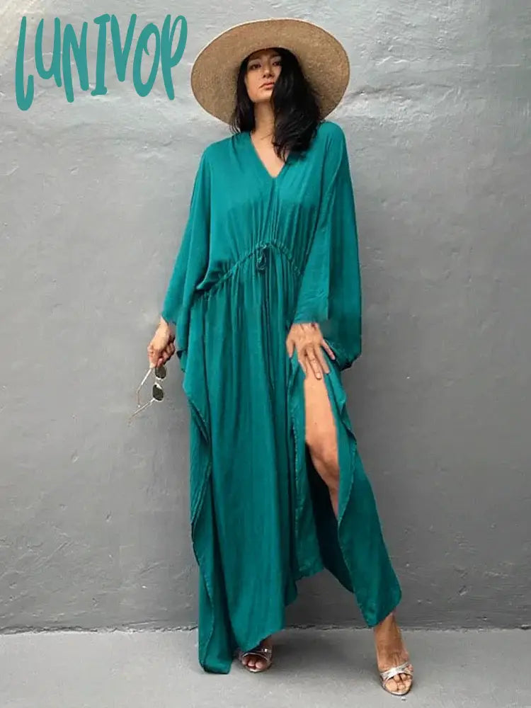 Lunivop Elegant Solid Tunic Loose Kaftan Maxi Dress For Women Summer Clothing Beachwear Half Sleeve