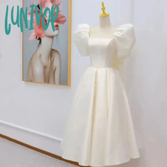 Lunivop Elegant Square Collar Prom Dresses For Women 2024 Guest White Midi Summer Sexy Puff Sleeve