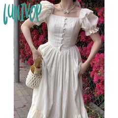 Lunivop Elegant Square Collar White Dress Summer Fashion Puff Sleeve Ruffle For Women 2024 Chic