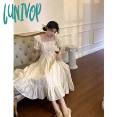 Lunivop Elegant Square Collar White Dress Summer Fashion Puff Sleeve Ruffle For Women 2024 Chic