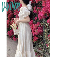 Lunivop Elegant Square Collar White Dress Summer Fashion Puff Sleeve Ruffle For Women 2024 Chic