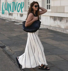 Lunivop Elegant Striped Fringe Knitted Maxi Skirts For Women Fashion Vintage Outfits Holiday Chic