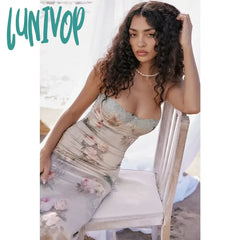 Lunivop Elegant Summer Spaghetti Strap Bodycon Dress Sexy Floral Printing Birthday Party Dresses
