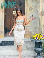 Lunivop Elegant Summer Spaghetti Strap Bodycon Dress Sexy Floral Printing Birthday Party Dresses
