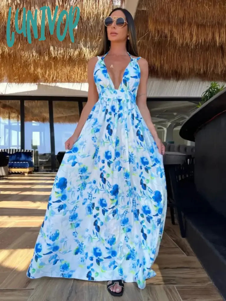 Lunivop Elegant Summer Women Print Maxi Dress Sexy Halter Backless Beach Lady Casual Party Tank Top