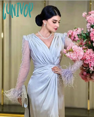 Lunivop Elegant V-Neck Pleted Evening Dress With Long Sleeve Sexy Mermaid Floor-Length Feathers