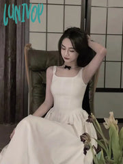 Lunivop Elegant Vest A-Line Dress Women Summer French Square Collar Solid Casual Vocation Korean