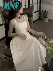 Lunivop Elegant Vest A-Line Dress Women Summer French Square Collar Solid Casual Vocation Korean