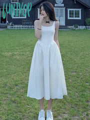 Lunivop Elegant Vest A-Line Dress Women Summer French Square Collar Solid Casual Vocation Korean