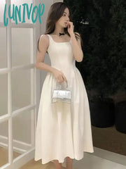 Lunivop Elegant Vest A-Line Dress Women Summer French Square Collar Solid Casual Vocation Korean