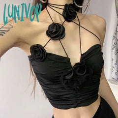 Lunivop Elegant Vintage Sexy Black Rose Halter Camisole Tops All-Match Hollow Out Tank Top 2024