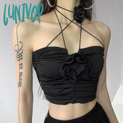 Lunivop Elegant Vintage Sexy Black Rose Halter Camisole Tops All-Match Hollow Out Tank Top 2024
