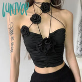 Lunivop Elegant Vintage Sexy Black Rose Halter Camisole Tops All-Match Hollow Out Tank Top 2024