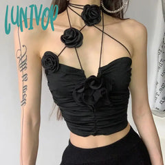 Lunivop Elegant Vintage Sexy Black Rose Halter Camisole Tops All-Match Hollow Out Tank Top 2024