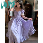 Lunivop Elegant Vintage Woman Ruffles Party Dress French Style Floral Printed Lace Patchwork Puff
