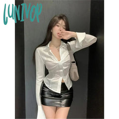 Lunivop Elegant White Shirts Women Sexy V Neck Folds Blouses Summer Streetwear Korean Flare Long