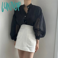 Lunivop Elegant White Shirts Women Vintage Mesh Patchwork Long Sleeve Blouses Summer Ladies Korean