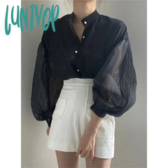 Lunivop Elegant White Shirts Women Vintage Mesh Patchwork Long Sleeve Blouses Summer Ladies Korean