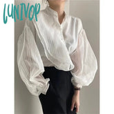 Lunivop Elegant White Shirts Women Vintage Mesh Patchwork Long Sleeve Blouses Summer Ladies Korean