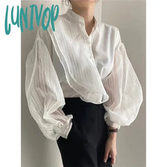 Lunivop Elegant White Shirts Women Vintage Mesh Patchwork Long Sleeve Blouses Summer Ladies Korean