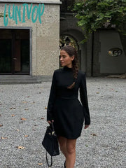 Lunivop Elegant Women Black Half High Collar Dress Solid Long Sleeve Pocket Short Dresses Fashion