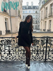 Lunivop Elegant Women Black Half High Collar Dress Solid Long Sleeve Pocket Short Dresses Fashion