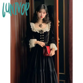Lunivop Elegant Women Dress Black Vintage Velvet Long Sleeve Gothic French Style Office Ladies Y2K